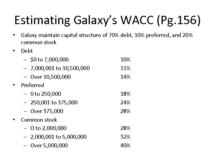 Estimating Galaxy’s WACC (Pg. 156) • Galaxy maintain capital structure of 70% debt, 10%