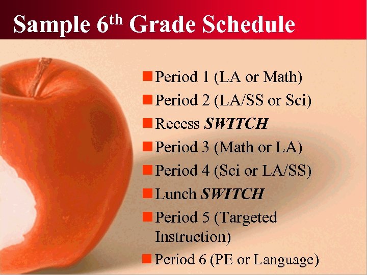 Sample 6 th Grade Schedule n Period 1 (LA or Math) n Period 2