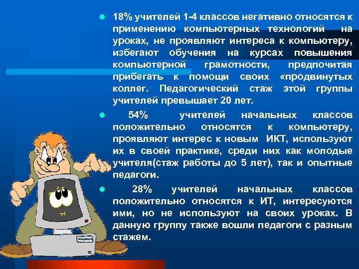 18% учителей 1 -4 классов негативно относятся к применению компьютерных технологий на уроках, не