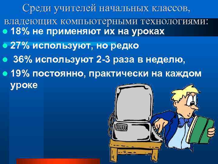 Среди учителей начальных классов, владеющих компьютерными технологиями: l 18% не применяют их на уроках