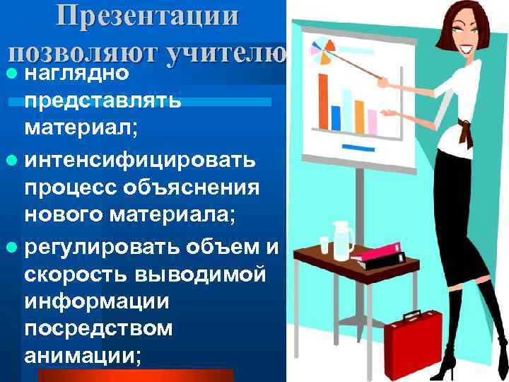 Презентации позволяют учителю l наглядно представлять материал; l интенсифицировать процесс объяснения нового материала; l
