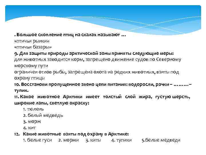 . Большое скопление птиц на скалах называют … «птичьи рынки» «птичьи базары» 9. Для
