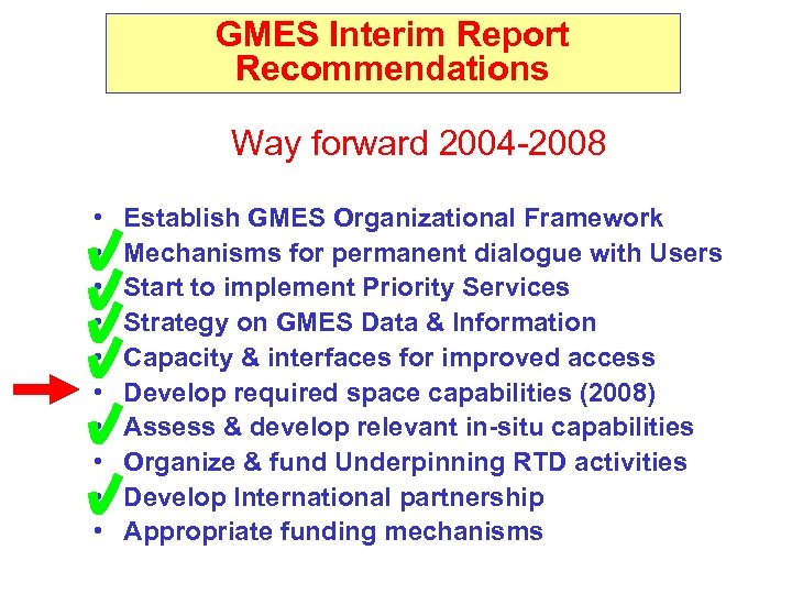 GMES Interim Report Recommendations Way forward 2004 -2008 • • • Establish GMES Organizational