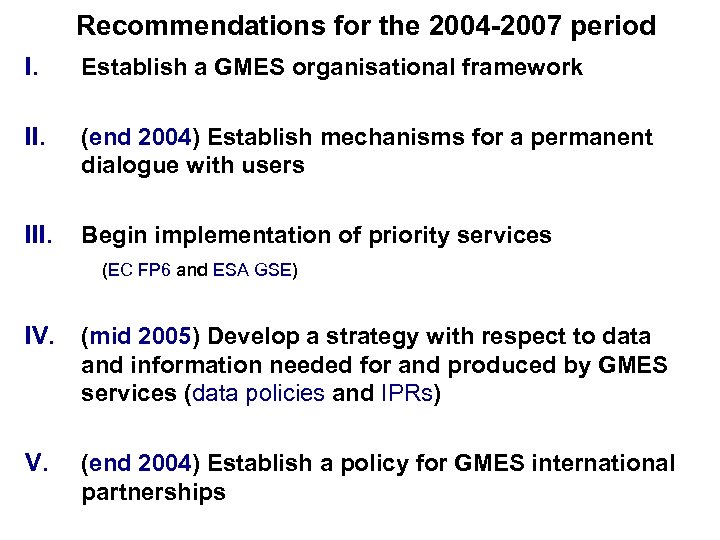 Recommendations for the 2004 -2007 period I. Establish a GMES organisational framework II. (end