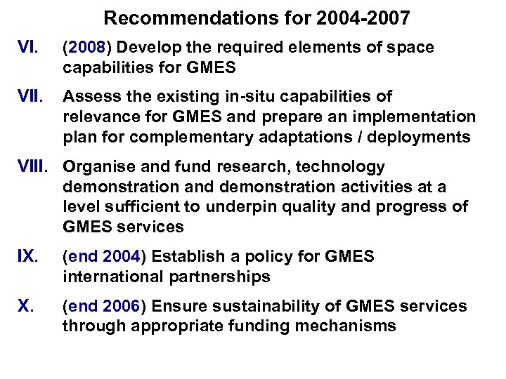 Recommendations for 2004 -2007 VI. (2008) Develop the required elements of space capabilities for
