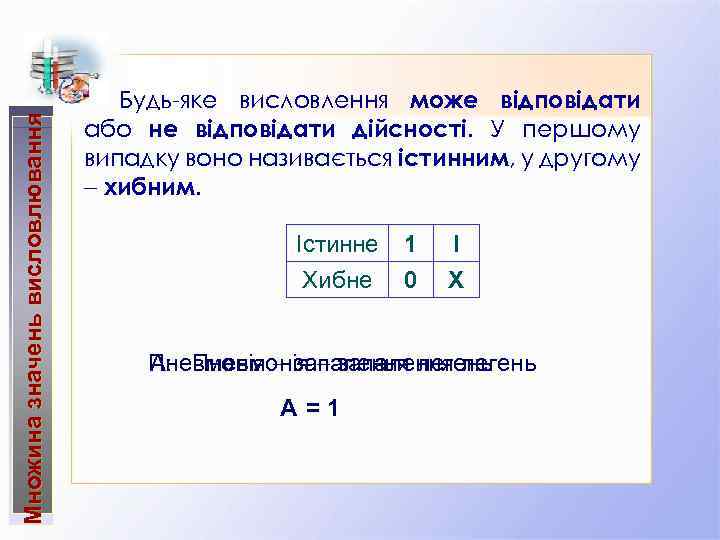 Множина значень висловлювання Будь-яке висловлення може відповідати або не відповідати дійсності. У першому випадку