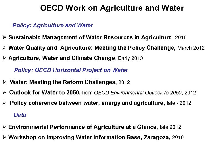 OECD Work on Agriculture and Water Policy: Agriculture and Water Ø Sustainable Management of