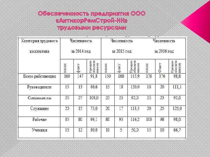 Обеспеченность предприятия ООО «Антикор. Рем. Строй-НН» трудовыми ресурсами 