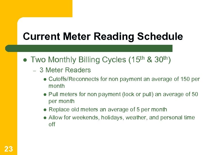 Current Meter Reading Schedule l Two Monthly Billing Cycles (15 th & 30 th)