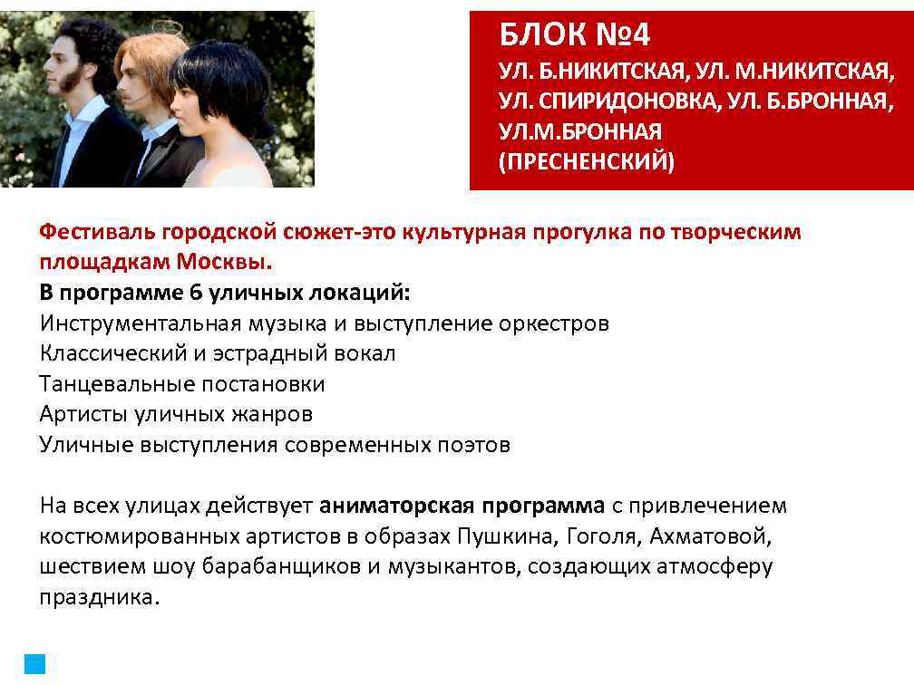БЛОК № 4 УЛ. Б. НИКИТСКАЯ, УЛ. М. НИКИТСКАЯ, УЛ. СПИРИДОНОВКА, УЛ. Б. БРОННАЯ,
