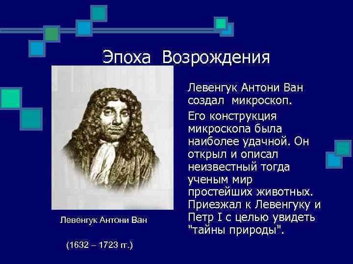 Эпоха Возрождения Левенгук Антони Ван (1632 – 1723 гг. ) Левенгук Антони Ван создал