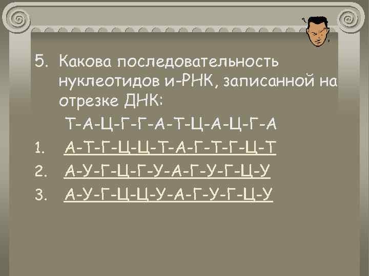 5. Какова последовательность нуклеотидов и-РНК, записанной на отрезке ДНК: Т-А-Ц-Г-Г-А-Т-Ц-А-Ц-Г-А 1. А-Т-Г-Ц-Ц-Т-А-Г-Т-Г-Ц-Т 2. А-У-Г-Ц-Г-У-А-Г-У-Г-Ц-У