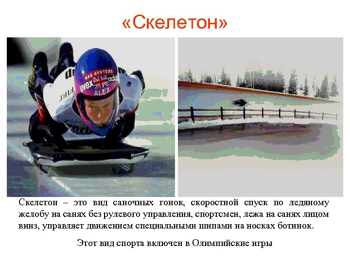  «Скелетон» Скелетон – это вид саночных гонок, скоростной спуск по ледяному желобу на