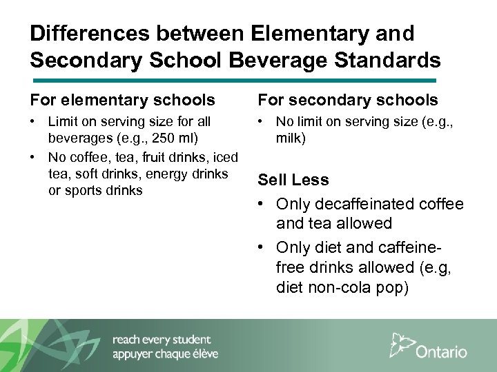 Differences between Elementary and Secondary School Beverage Standards For elementary schools For secondary schools