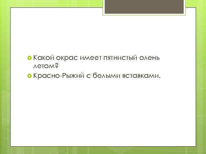  Какой окрас имеет пятнистый олень летом? Красно-Рыжий с белыми вставками. 