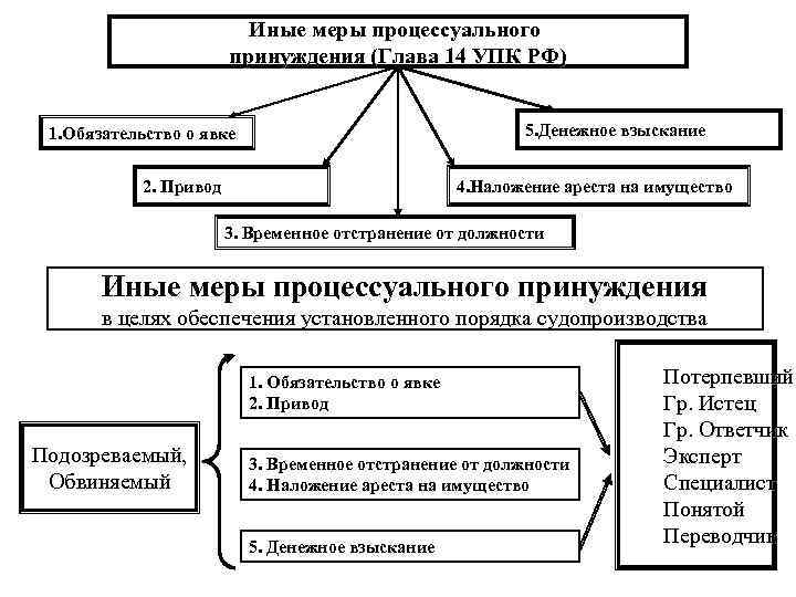 Иные меры процессуального принуждения (Глава 14 УПК РФ) 5. Денежное взыскание 1. Обязательство о