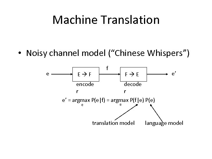 Machine Translation • Noisy channel model (“Chinese Whispers”) e E F f e’ F
