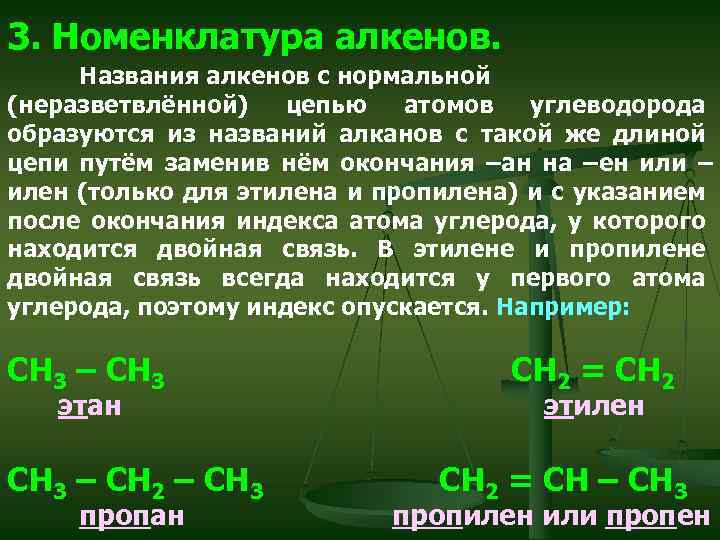 3. Номенклатура алкенов. Названия алкенов с нормальной (неразветвлённой) цепью атомов углеводорода образуются из названий