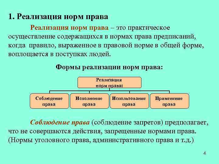 1. Реализация норм права – это практическое осуществление содержащихся в нормах права предписаний, когда
