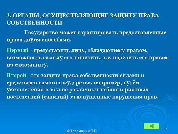 3. ОРГАНЫ, ОСУЩЕСТВЛЯЮЩИЕ ЗАЩИТУ ПРАВА СОБСТВЕННОСТИ Государство может гарантировать предоставленные права двумя способами. Первый