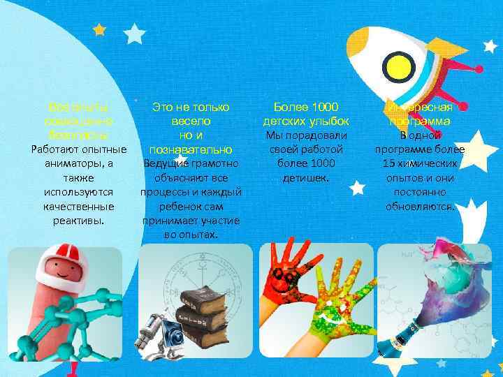 Все опыты совершенно безопасны Работают опытные аниматоры, а также используются качественные реактивы. Это не