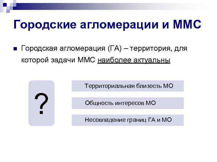 Городские агломерации и ММС n Городская агломерация (ГА) – территория, для которой задачи ММС