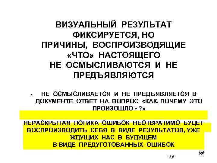 ВИЗУАЛЬНЫЙ РЕЗУЛЬТАТ ФИКСИРУЕТСЯ, НО ПРИЧИНЫ, ВОСПРОИЗВОДЯЩИЕ «ЧТО» НАСТОЯЩЕГО НЕ ОСМЫСЛИВАЮТСЯ И НЕ ПРЕДЪЯВЛЯЮТСЯ -