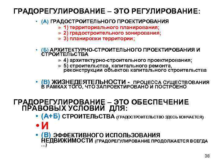 ГРАДОРЕГУЛИРОВАНИЕ – ЭТО РЕГУЛИРОВАНИЕ: • (А) ГРАДОСТРОИТЕЛЬНОГО ПРОЕКТИРОВАНИЯ » 1) территориального планирования; » 2)