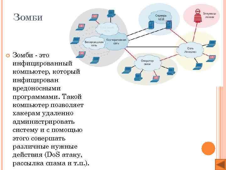 ЗОМБИ Зомби - это инфицированный компьютер, который инфицирован вредоносными программами. Такой компьютер позволяет хакерам