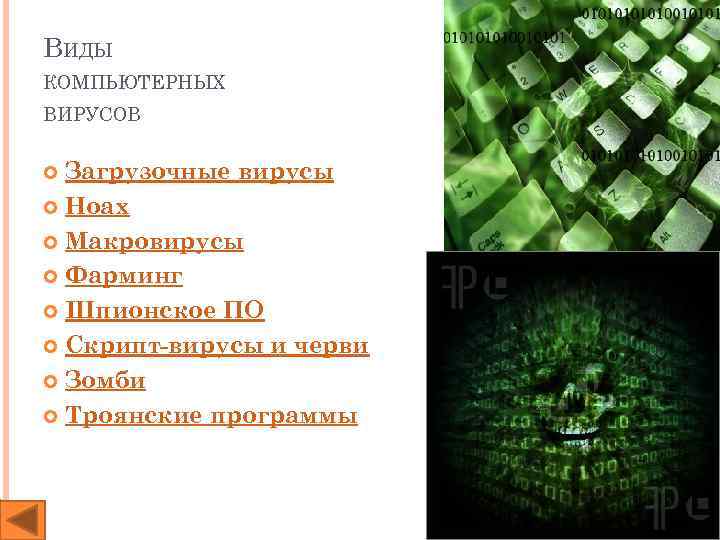 ВИДЫ КОМПЬЮТЕРНЫХ ВИРУСОВ Загрузочные вирусы Ноах Макровирусы Фарминг Шпионское ПО Скрипт-вирусы и черви Зомби
