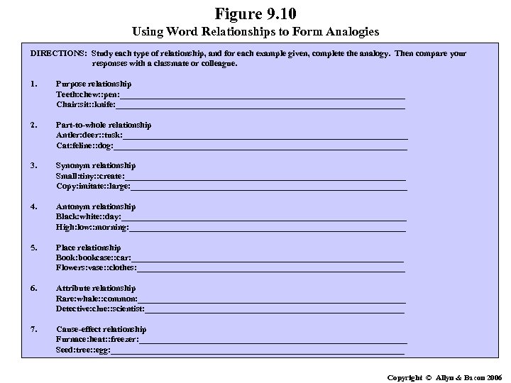 Figure 9. 10 Using Word Relationships to Form Analogies DIRECTIONS: Study each type of