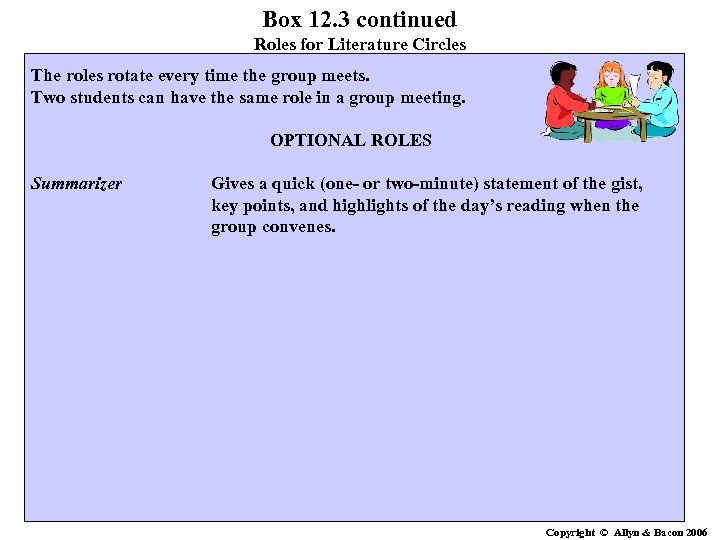Box 12. 3 continued Roles for Literature Circles The roles rotate every time the