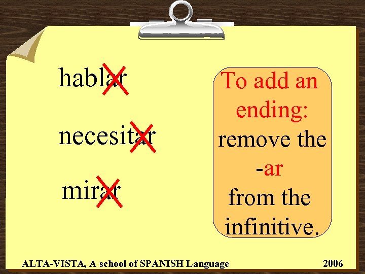 hablar necesitar mirar To add an ending: remove the -ar from the infinitive. ALTA-VISTA,