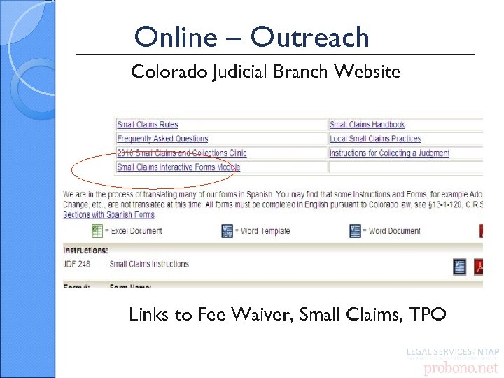 Online – Outreach Colorado Judicial Branch Website Links to Fee Waiver, Small Claims, TPO