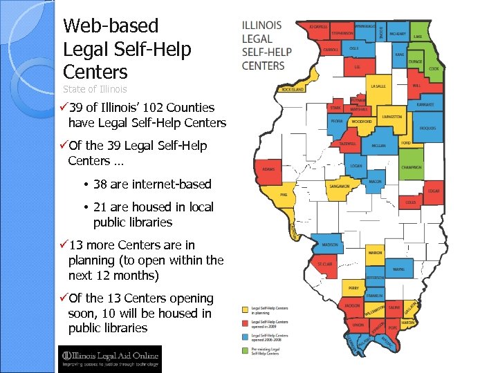 Web-based Legal Self-Help Centers State of Illinois ü 39 of Illinois’ 102 Counties have