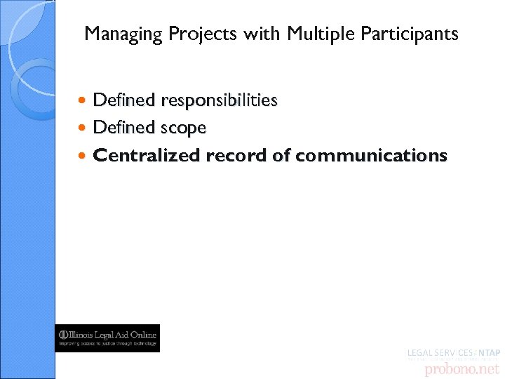 Managing Projects with Multiple Participants Defined responsibilities Defined scope Centralized record of communications 