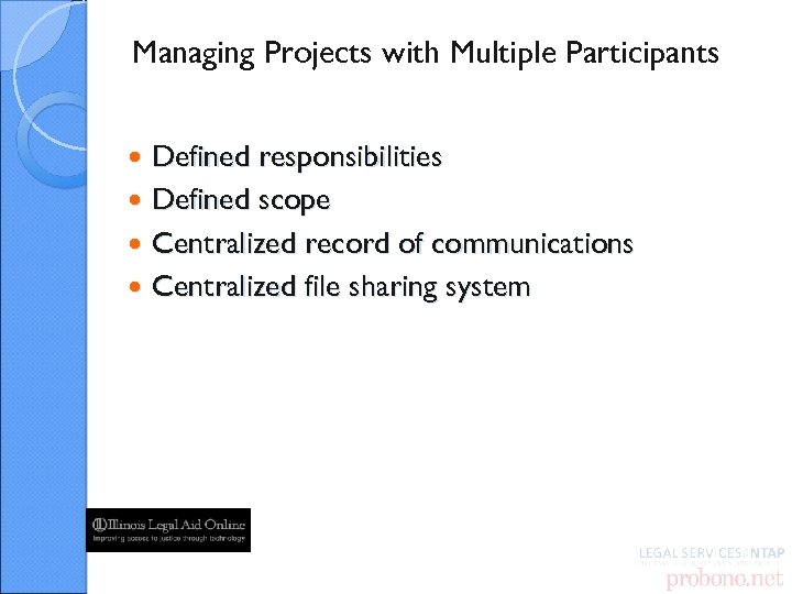 Managing Projects with Multiple Participants Defined responsibilities Defined scope Centralized record of communications Centralized