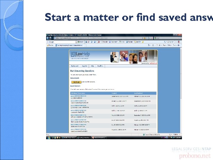 Start a matter or find saved answ 