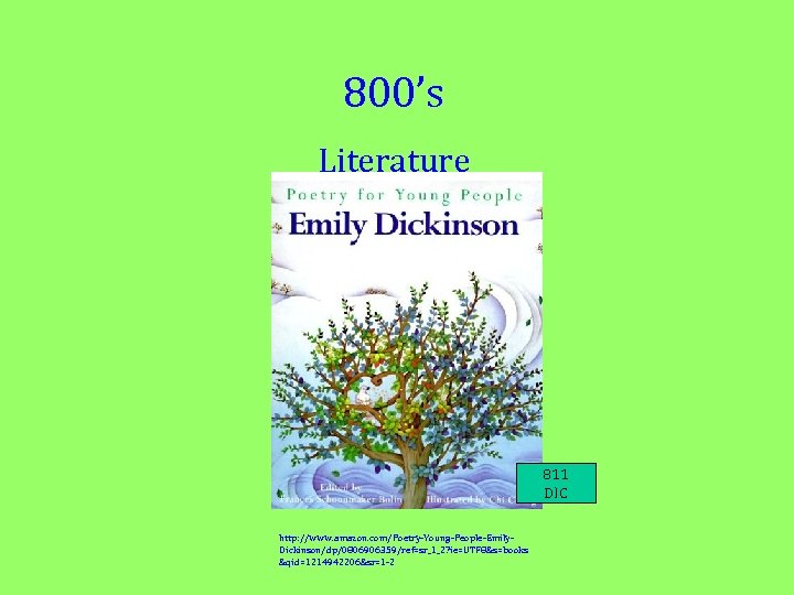 800’s Literature 811 DIC http: //www. amazon. com/Poetry-Young-People-Emily. Dickinson/dp/0806906359/ref=sr_1_2? ie=UTF 8&s=books &qid=1214942206&sr=1 -2 