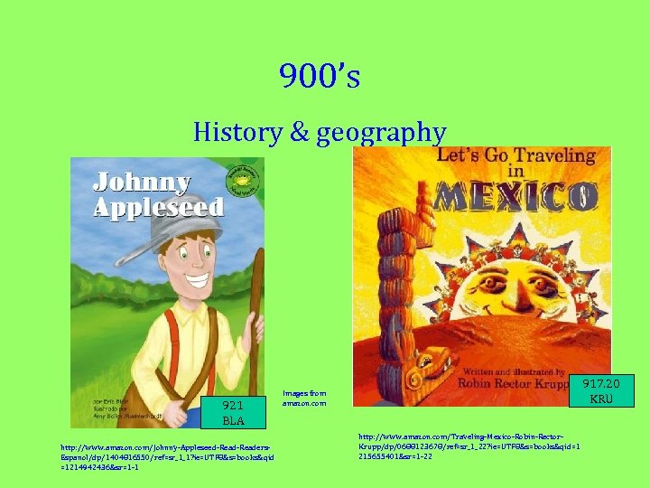 900’s History & geography 921 BLA http: //www. amazon. com/Johnny-Appleseed-Readers. Espanol/dp/1404816550/ref=sr_1_1? ie=UTF 8&s=books&qid =1214942436&sr=1
