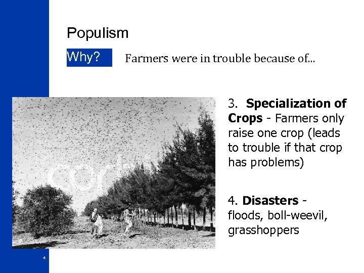 Populism Why? Farmers were in trouble because of. . . 3. Specialization of Crops