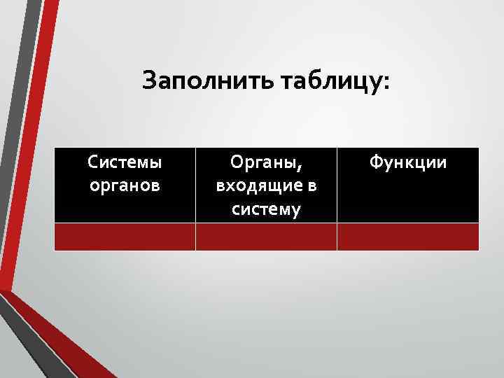 Заполнить таблицу: Системы органов Органы, входящие в систему Функции 