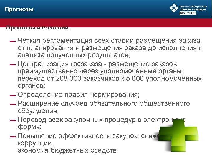 Прогнозы изменений: ▬ ▬ ▬ Четкая регламентация всех стадий размещения заказа: от планирования и