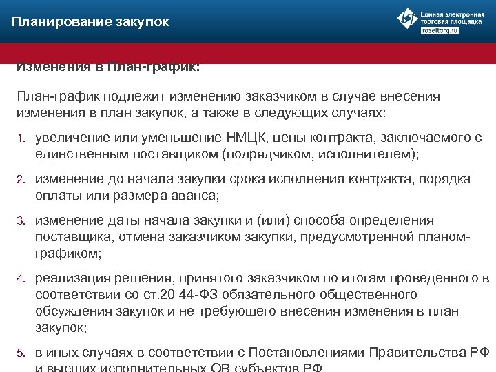 Планирование закупок Изменения в План-график: План-график подлежит изменению заказчиком в случае внесения изменения в