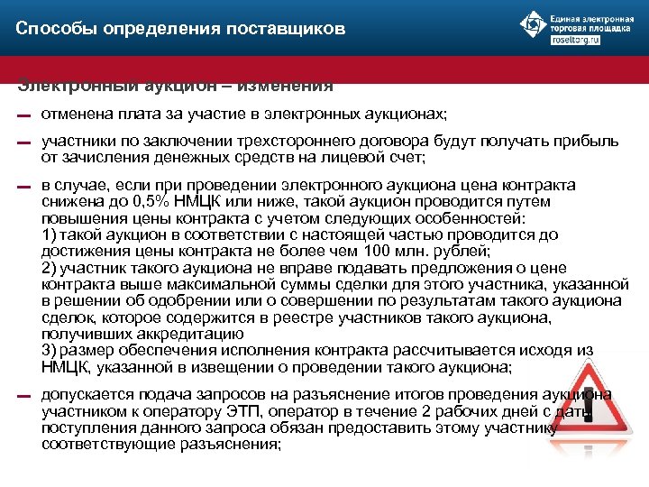 Способы определения поставщиков Электронный аукцион – изменения ▬ отменена плата за участие в электронных