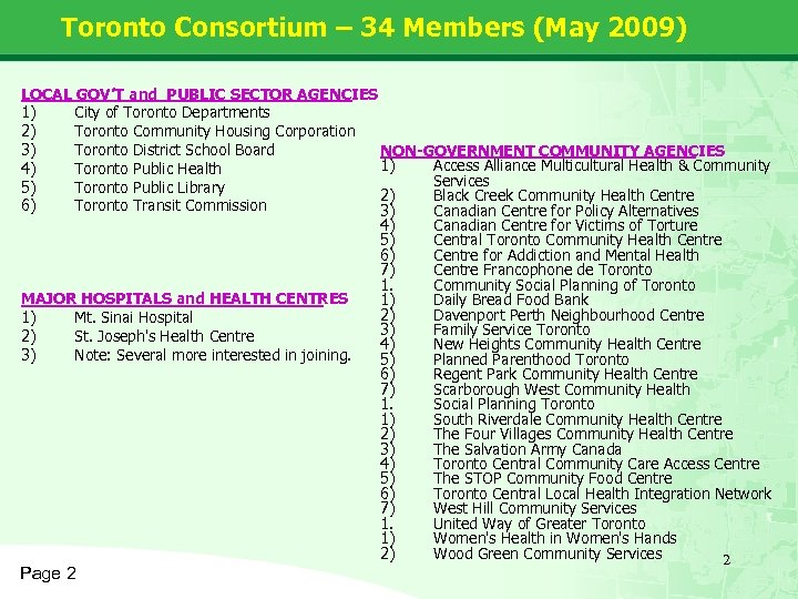 Toronto Consortium – 34 Members (May 2009) LOCAL GOV’T and PUBLIC SECTOR AGENCIES 1)