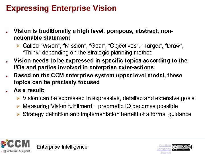 Expressing Enterprise Vision ■ ■ Vision is traditionally a high level, pompous, abstract, nonactionable