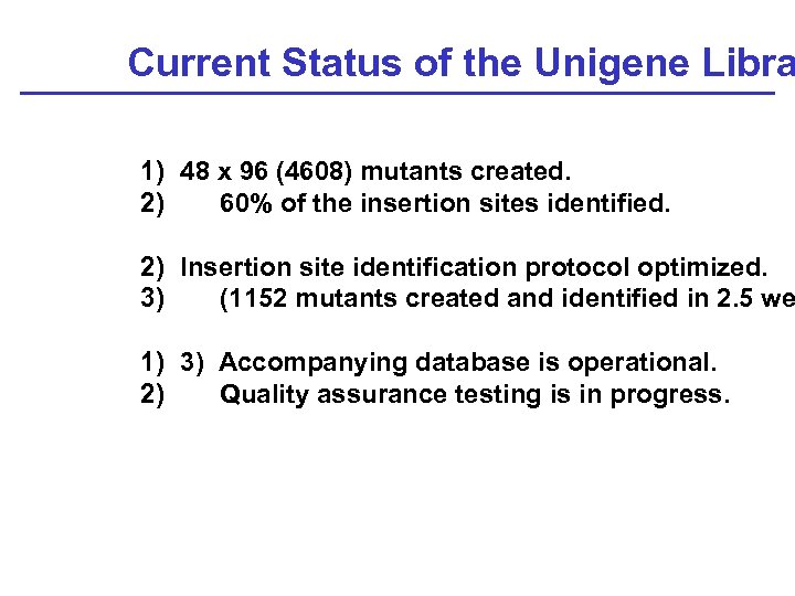 Current Status of the Unigene Libra 1) 48 x 96 (4608) mutants created. 2)
