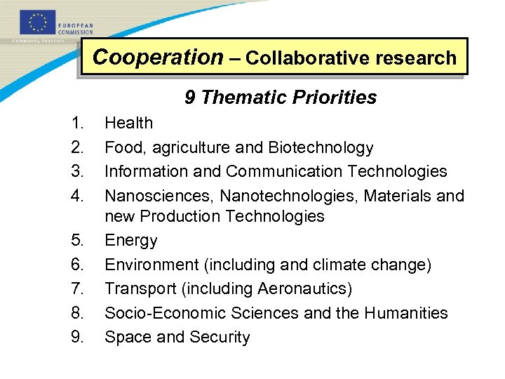 Cooperation – Collaborative research 9 Thematic Priorities 1. 2. 3. 4. 5. 6. 7.