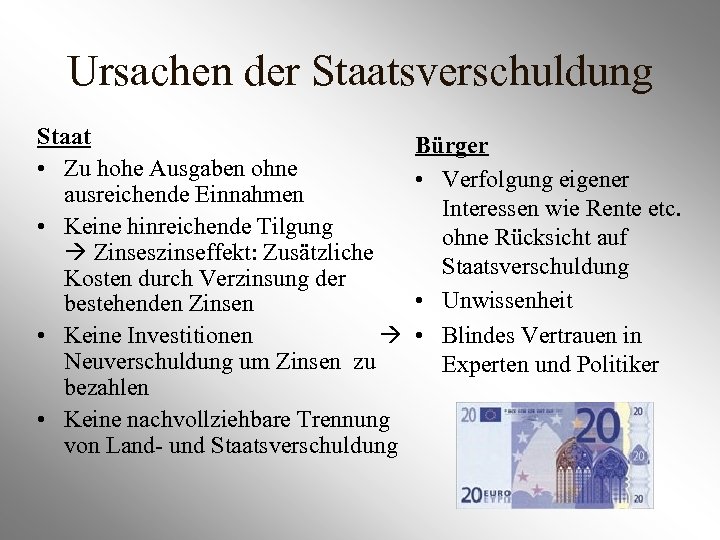 Ursachen der Staatsverschuldung Staat • Zu hohe Ausgaben ohne ausreichende Einnahmen • Keine hinreichende